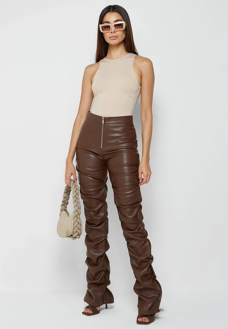 Woman Trousers Tacked Vegan Leather Flared Trousers - Chocolate Brown