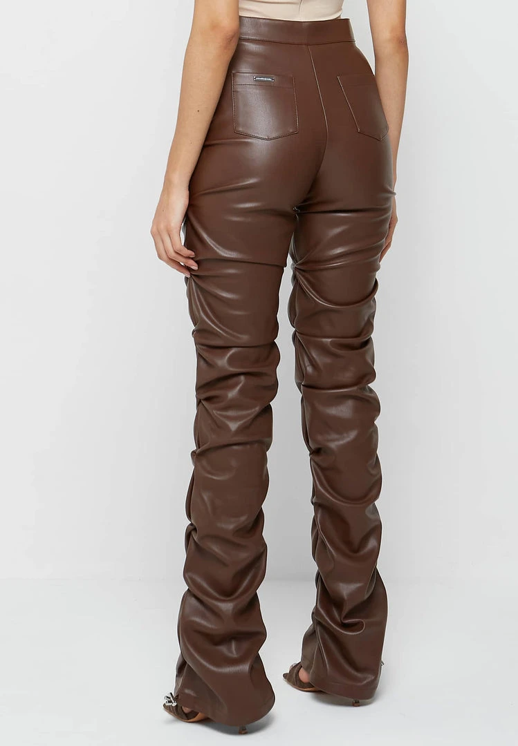 Woman Trousers Tacked Vegan Leather Flared Trousers - Chocolate Brown