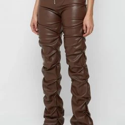Woman Trousers Tacked Vegan Leather Flared Trousers - Chocolate Brown