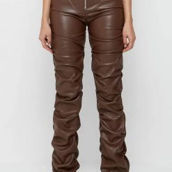Woman Trousers Tacked Vegan Leather Flared Trousers - Chocolate Brown