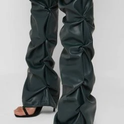 Woman Trousers Tacked Vegan Leather Flared Trousers - Forest Green