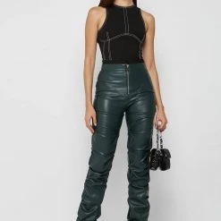 Woman Trousers Tacked Vegan Leather Flared Trousers - Forest Green
