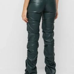 Woman Trousers Tacked Vegan Leather Flared Trousers - Forest Green