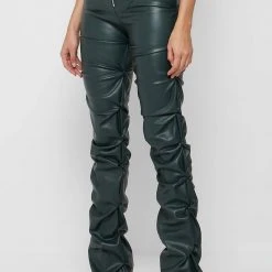 Woman Trousers Tacked Vegan Leather Flared Trousers - Forest Green
