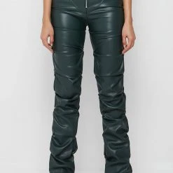 Woman Trousers Tacked Vegan Leather Flared Trousers - Forest Green