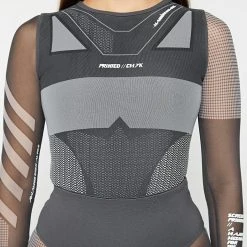 Woman Tops Technical Print Mesh Bodysuit - Black BODYSUITS