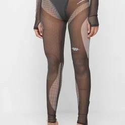 Woman Leggings Technical Print Mesh & Bandage Leggings - Black