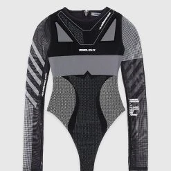 Woman Tops Technical Print Mesh Bodysuit - Black BODYSUITS