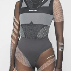 Woman Tops Technical Print Mesh Bodysuit - Black BODYSUITS