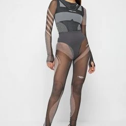 Woman Tops Technical Print Mesh Bodysuit - Black BODYSUITS