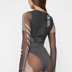 Woman Tops Technical Print Mesh Bodysuit - Black BODYSUITS