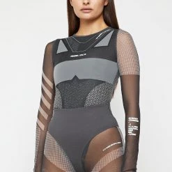 Woman Tops Technical Print Mesh Bodysuit - Black BODYSUITS