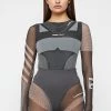 Woman Tops Technical Print Mesh Bodysuit - Black BODYSUITS