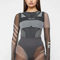 Woman Tops Technical Print Mesh Bodysuit - Black BODYSUITS