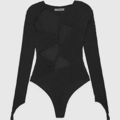 Woman Tops Textured Cut Out Bodysuit - Black BODYSUITS
