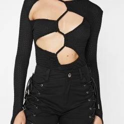 Woman Tops Textured Cut Out Bodysuit - Black BODYSUITS