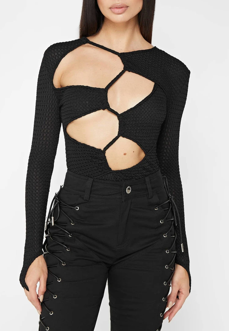 Woman Tops Textured Cut Out Bodysuit - Black BODYSUITS