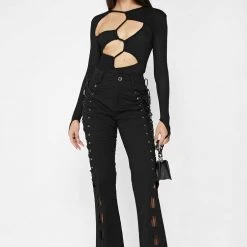 Woman Tops Textured Cut Out Bodysuit - Black BODYSUITS