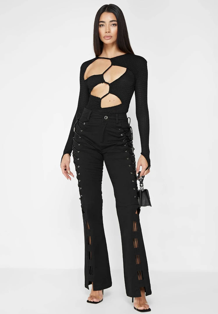 Woman Tops Textured Cut Out Bodysuit - Black BODYSUITS