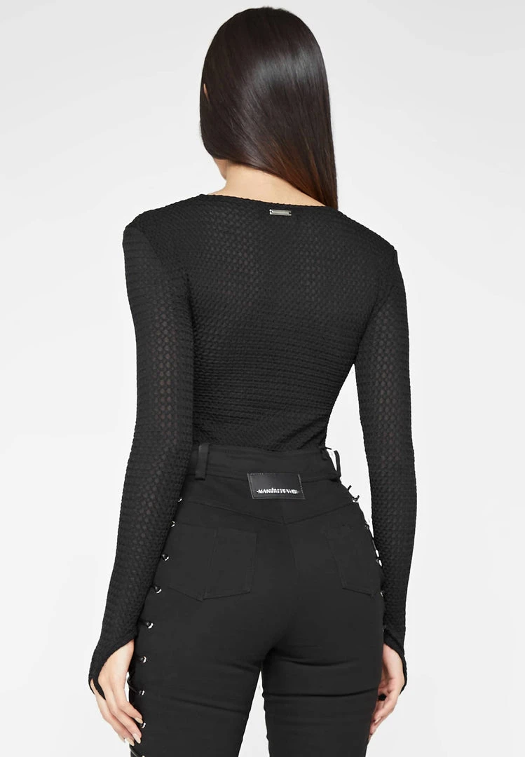 Woman Tops Textured Cut Out Bodysuit - Black BODYSUITS