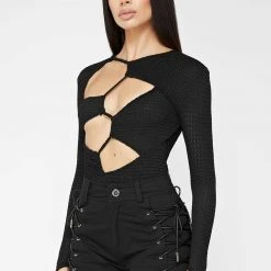 Woman Tops Textured Cut Out Bodysuit - Black BODYSUITS