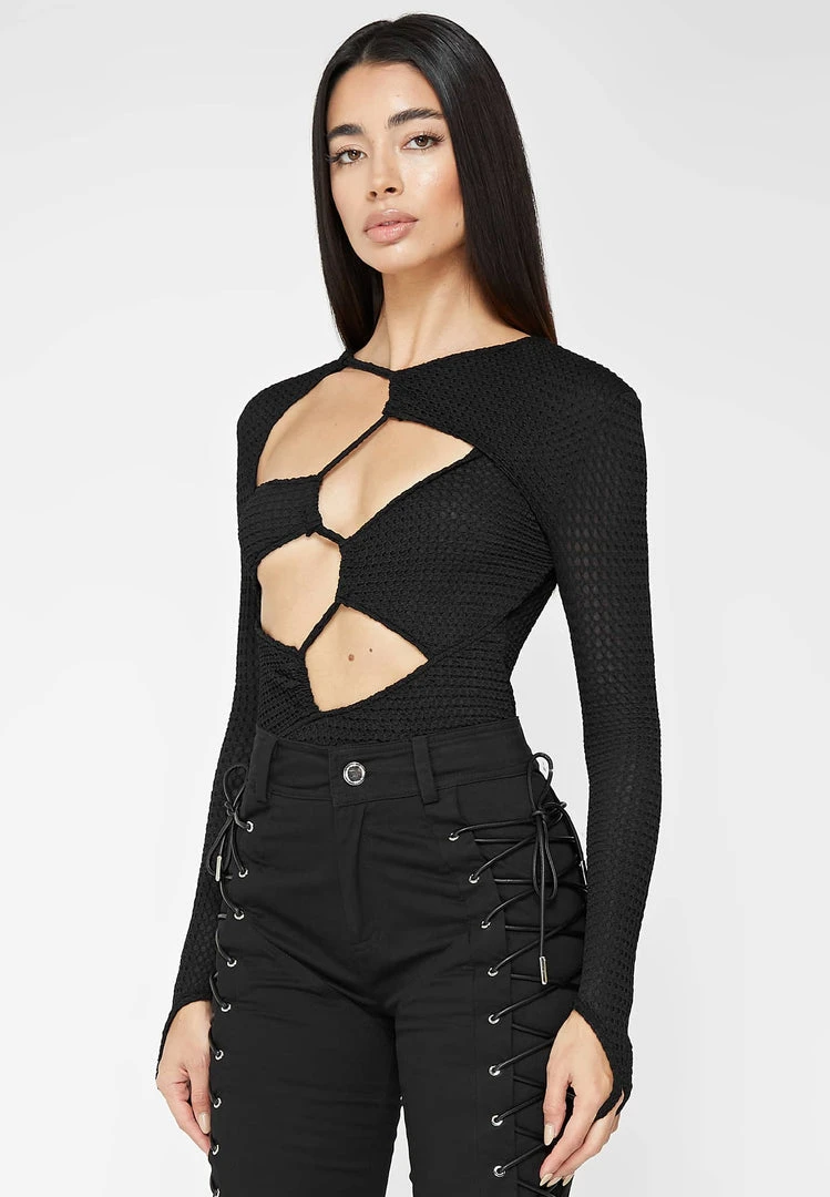 Woman Tops Textured Cut Out Bodysuit - Black BODYSUITS
