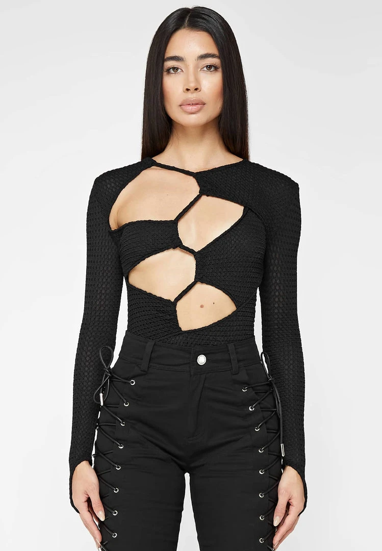 Woman Tops Textured Cut Out Bodysuit - Black BODYSUITS