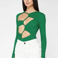 Woman Tops Textured Cut Out Bodysuit - Green BODYSUITS