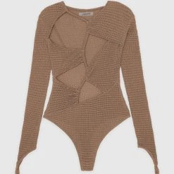 Woman Tops Textured Cut Out Bodysuit - Taupe