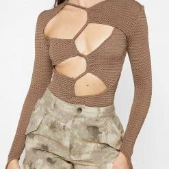 Woman Tops Textured Cut Out Bodysuit - Taupe
