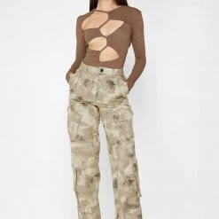 Woman Tops Textured Cut Out Bodysuit - Taupe