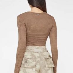 Woman Tops Textured Cut Out Bodysuit - Taupe