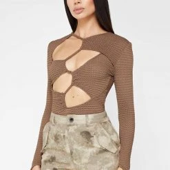 Woman Tops Textured Cut Out Bodysuit - Taupe