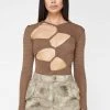 Woman Tops Textured Cut Out Bodysuit - Taupe