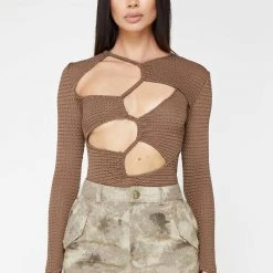 Woman Tops Textured Cut Out Bodysuit - Taupe