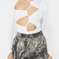 Woman Tops Textured Cut Out Bodysuit - White