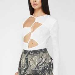 Woman Tops Textured Cut Out Bodysuit - White