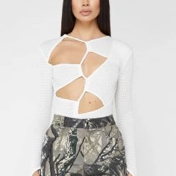 Woman Tops Textured Cut Out Bodysuit - White