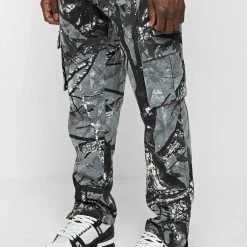 Man Casual Trousers Tree Camo Cargo Pants - Black