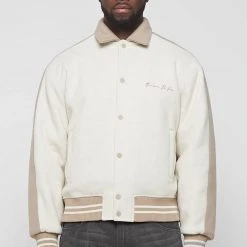 Man Jackets Two Tone Varsity Jacket - Stone/Beige