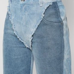 Woman Denim Two Tone Marbled Mom Jeans - Blue