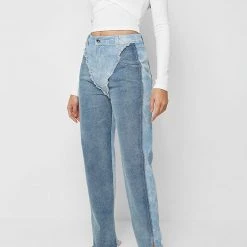 Woman Denim Two Tone Marbled Mom Jeans - Blue