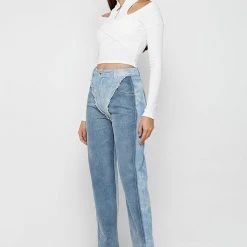 Woman Denim Two Tone Marbled Mom Jeans - Blue