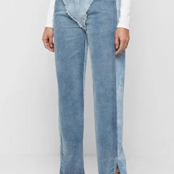 Woman Denim Two Tone Marbled Mom Jeans - Blue