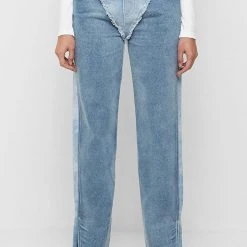 Woman Denim Two Tone Marbled Mom Jeans - Blue
