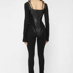 Woman Jumpsuits Vegan Leather And Bandage Corset Jumpsuit - Black JUMPSUITS & PLAYSUITS