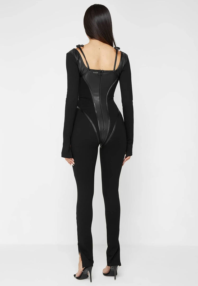 Woman Jumpsuits Vegan Leather And Bandage Corset Jumpsuit - Black JUMPSUITS & PLAYSUITS
