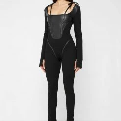 Woman Jumpsuits Vegan Leather And Bandage Corset Jumpsuit - Black JUMPSUITS & PLAYSUITS