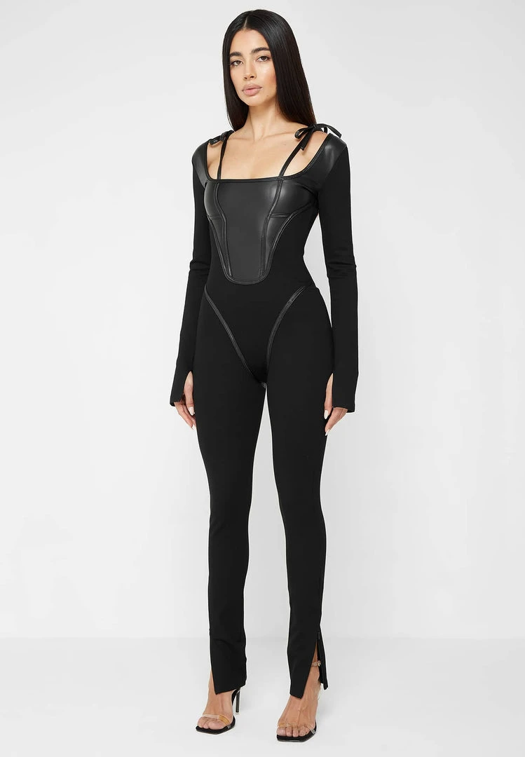 Woman Jumpsuits Vegan Leather And Bandage Corset Jumpsuit - Black JUMPSUITS & PLAYSUITS