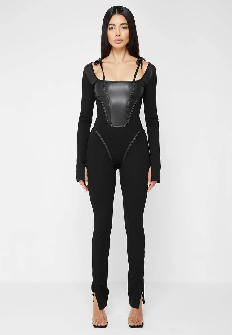 Woman Jumpsuits Vegan Leather And Bandage Corset Jumpsuit - Black JUMPSUITS & PLAYSUITS